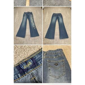 Angels womens flare jeans sz 7 mid rise blue jeans Y2K decor sequins embroidery